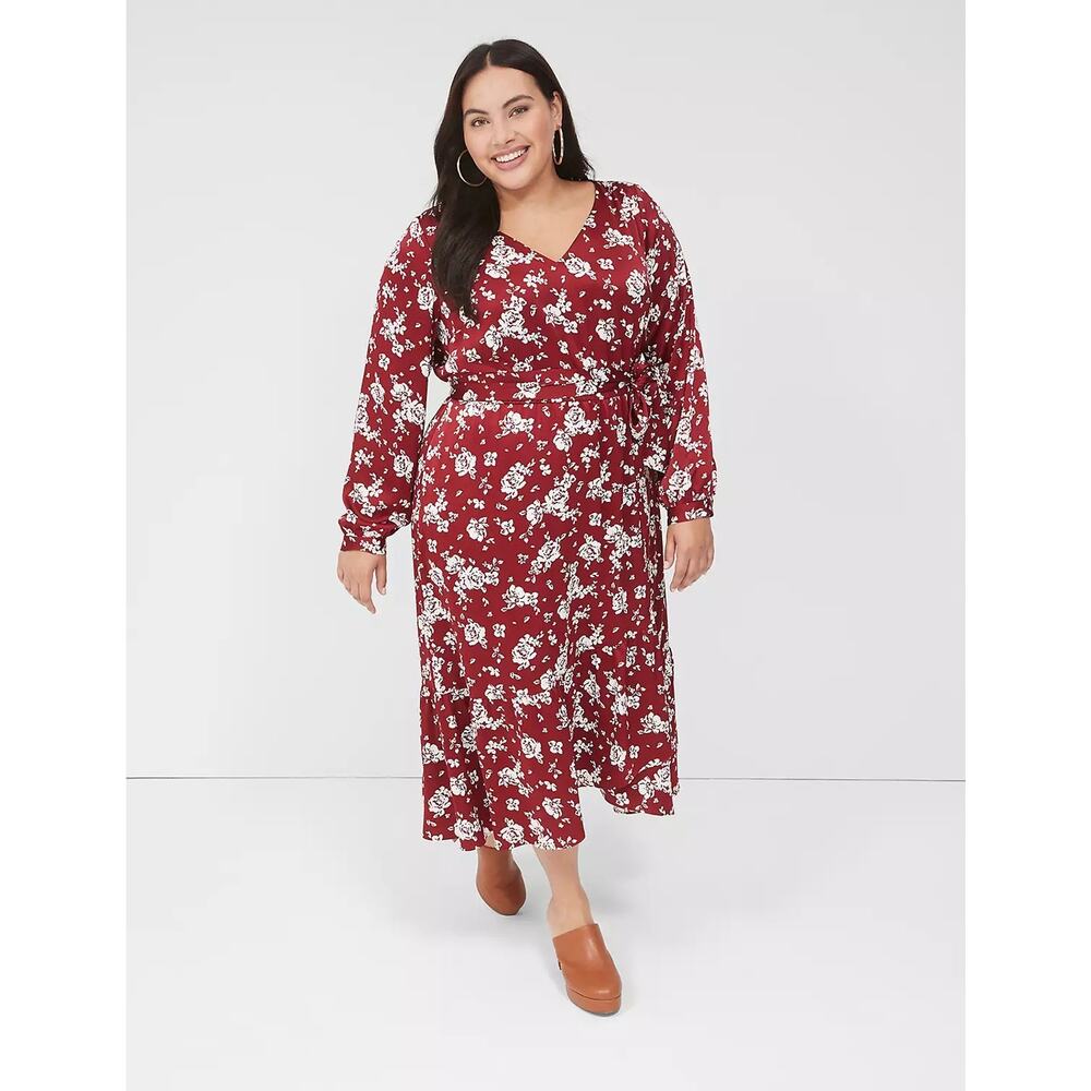 Lane Bryant Dress Womens 26 4X Red White Floral Satin Wrap Ruffle Long Sleeve